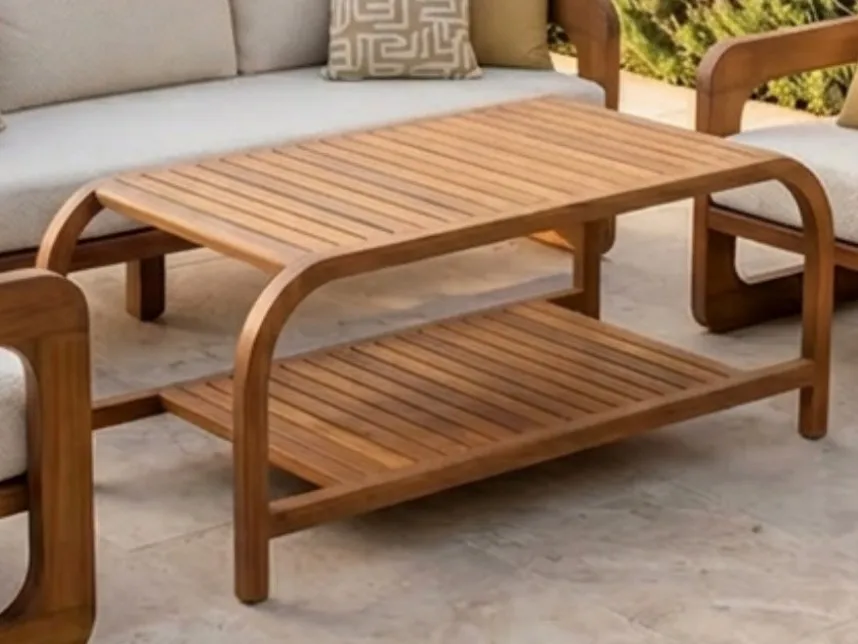 Atlas slatted iroko coffee table with lower shelf