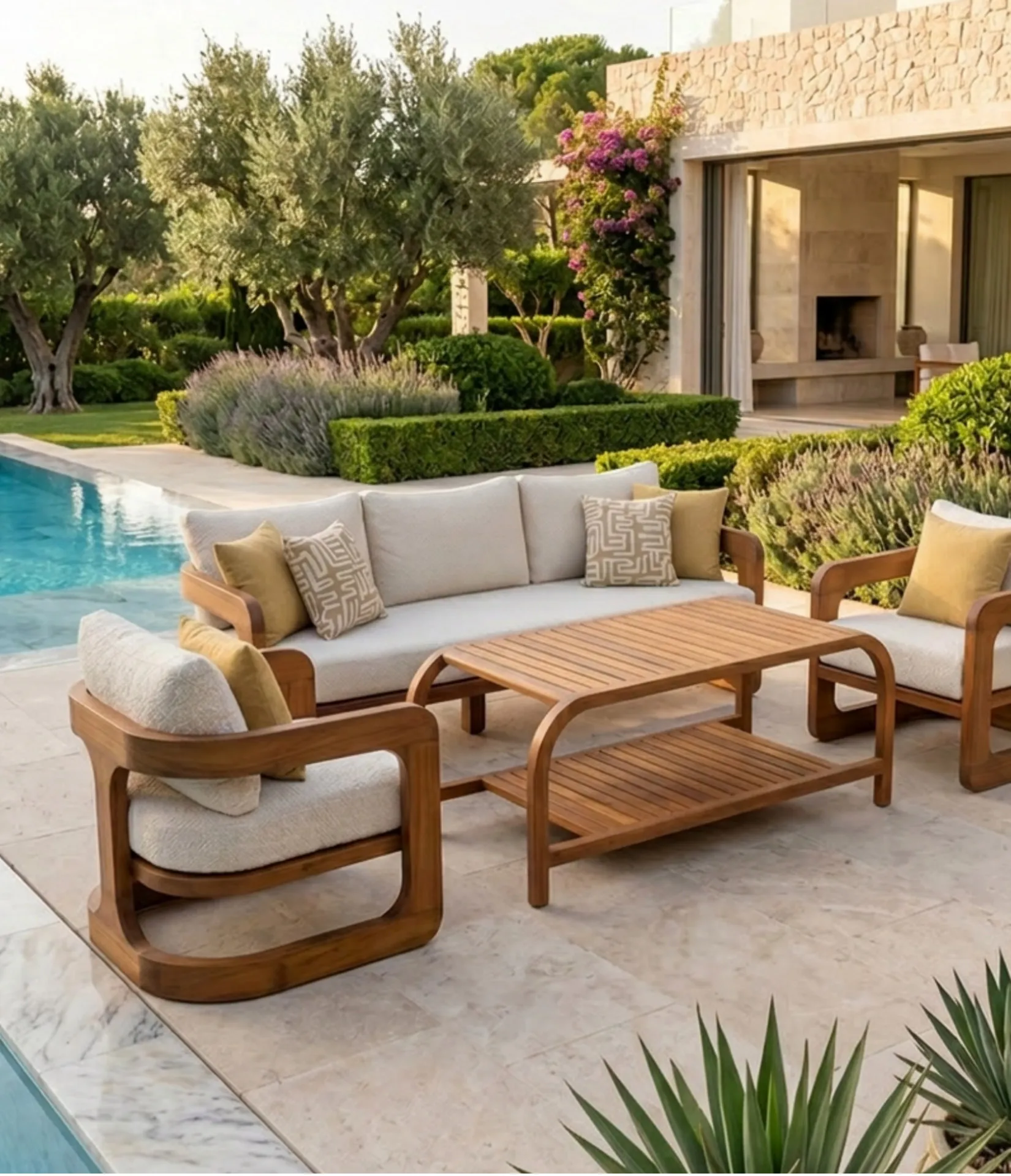 Atlas iroko outdoor lounge set with curved armrests beside a pool