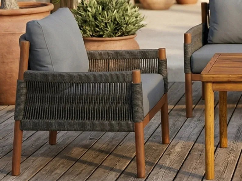 Cape Town armchair with hand-woven charcoal rope and iroko frame