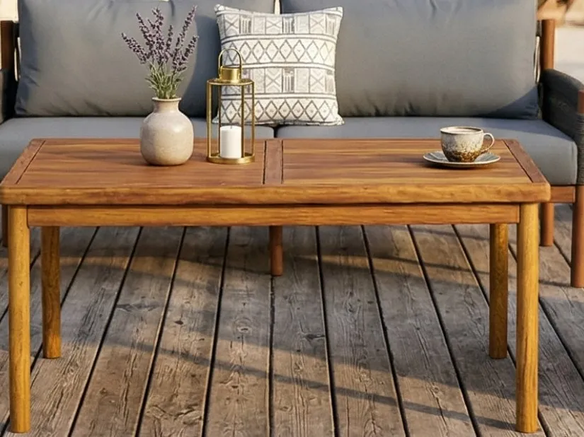 Cape Town iroko coffee table in front of the sofa