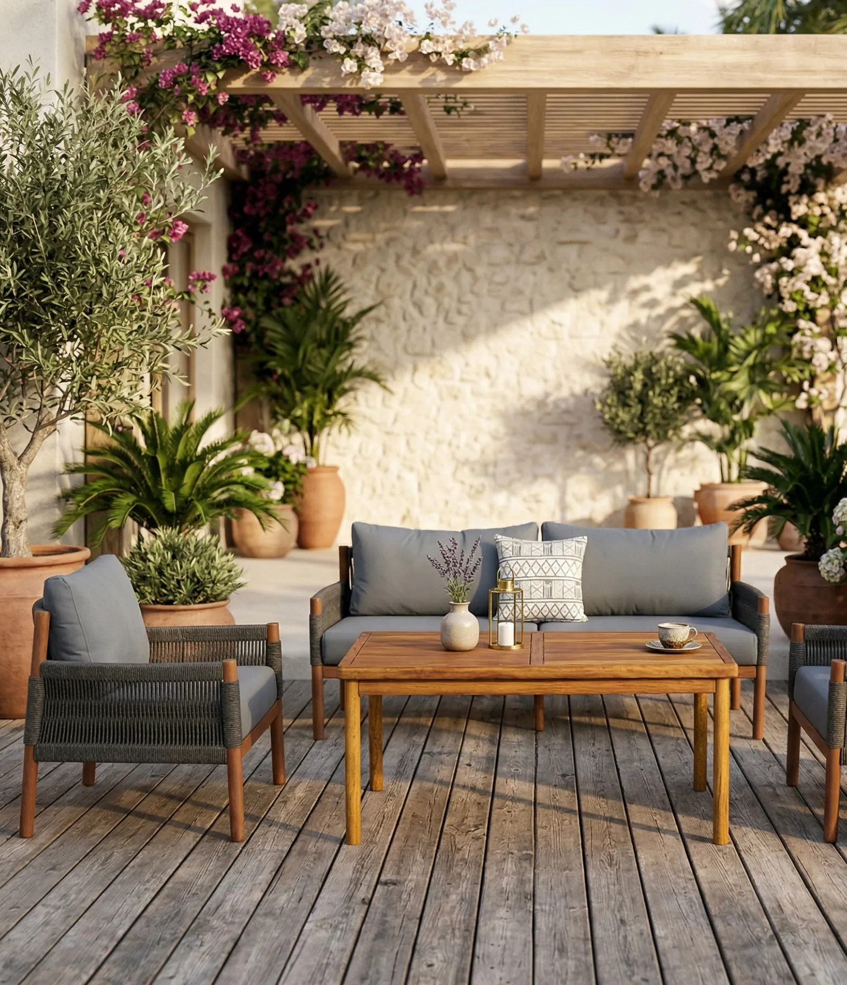 Cape Town iroko and woven rope lounge set on a wooden deck