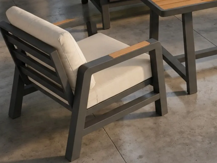 Dublin armchair with charcoal aluminum frame and iroko armrest