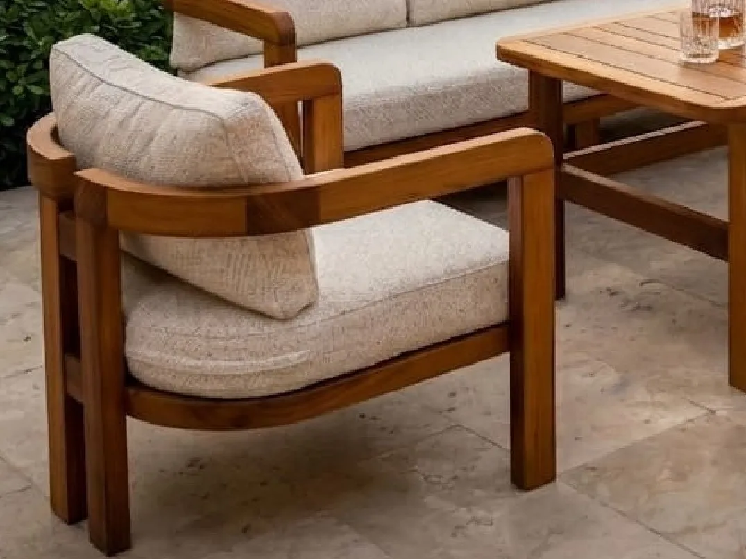 Monaco armchair with deep cushions in a solid iroko frame