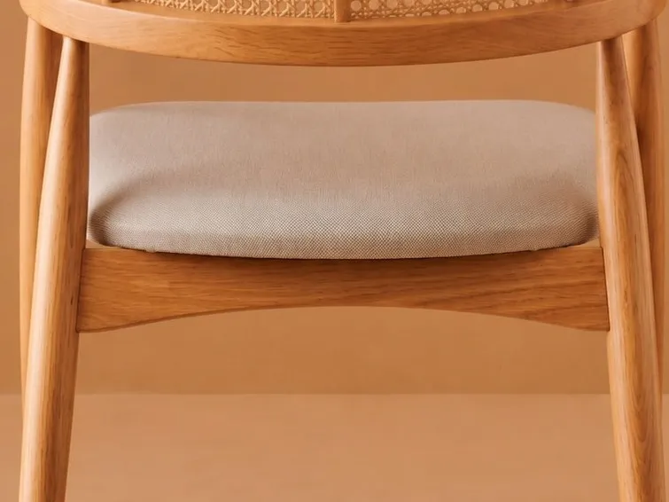 Cushioned seat and wooden frame of the Space Rattan Chair