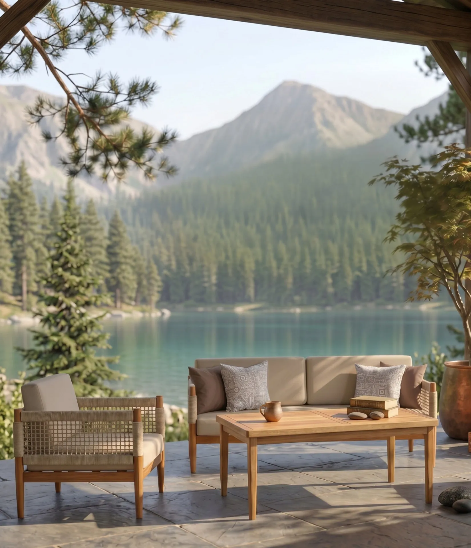 Rio iroko outdoor lounge set on a lakeside terrace with mountains