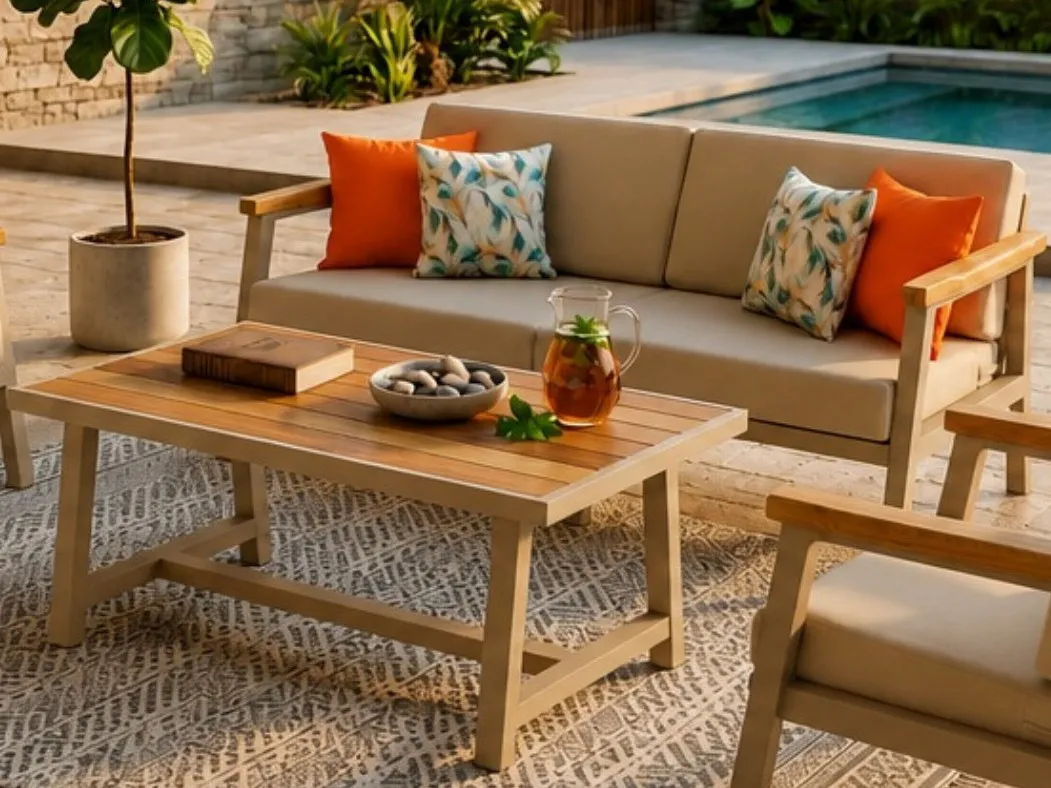 Verona sofa and iroko coffee table