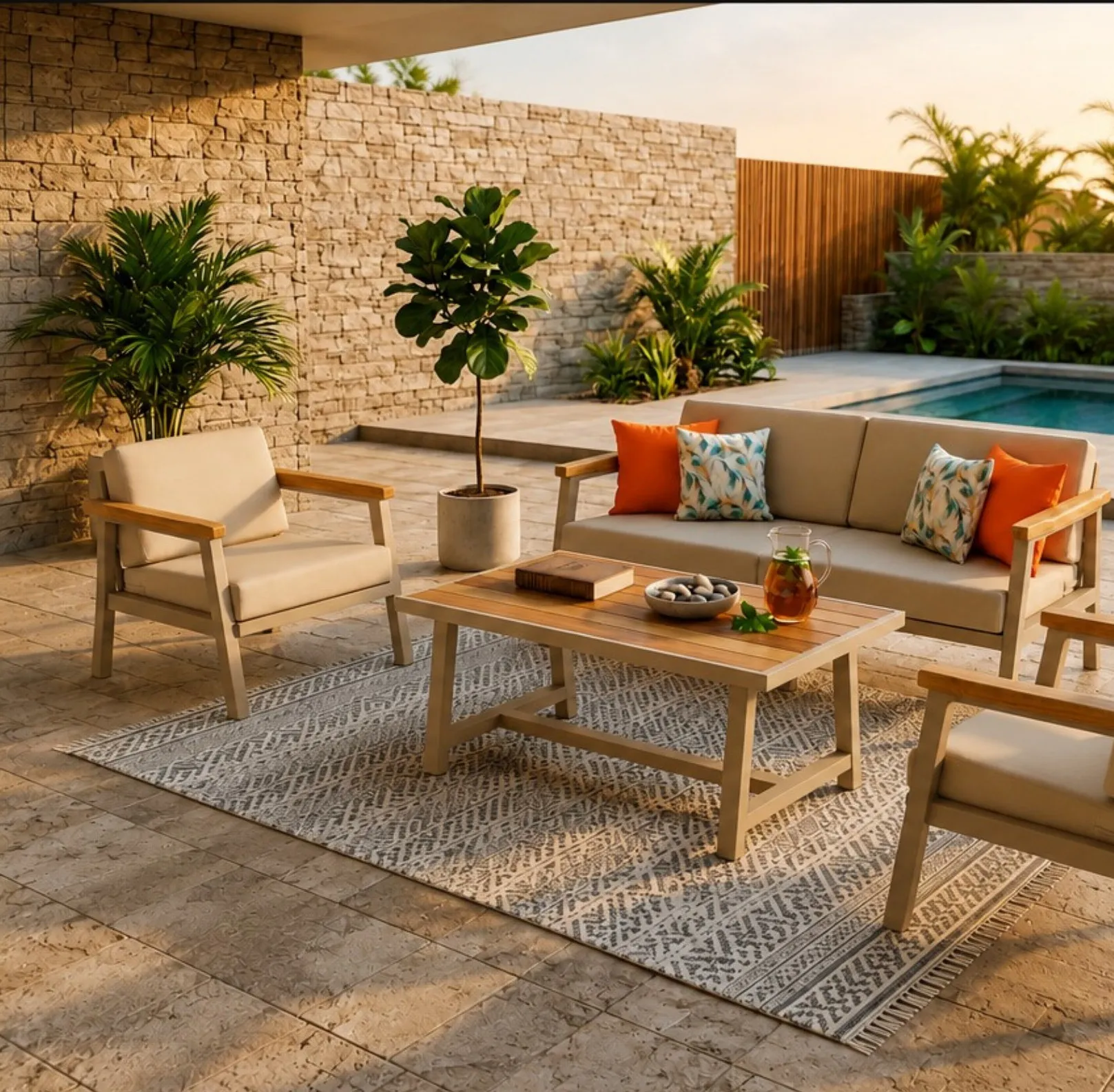 Verona outdoor lounge set on a stone patio beside a pool